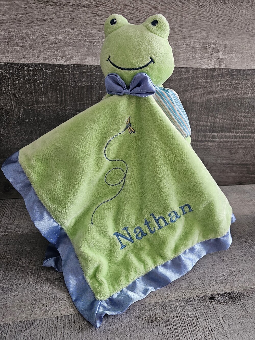 Mary Meyer Green Frog Lovey Blue Stripes Baby Security Blanket Satin Trim NATHAN